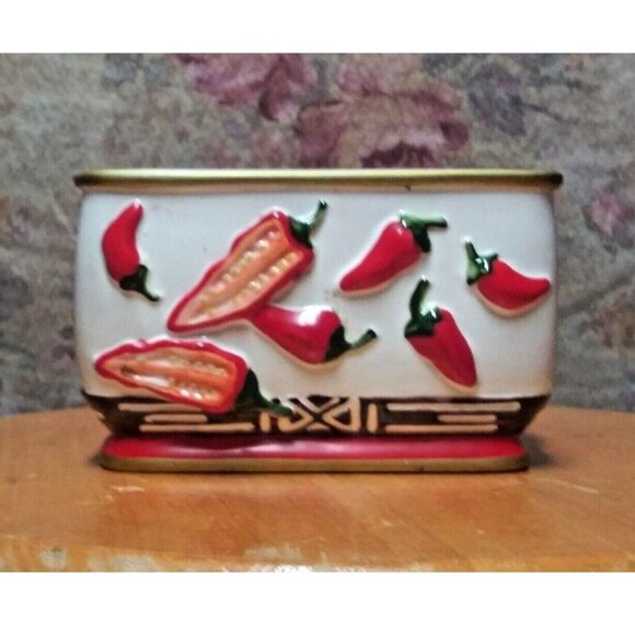 Vintage ceramic Napkin Holder red pepper red chillies embossed Unique Rare EUC - Picture 2 of 7